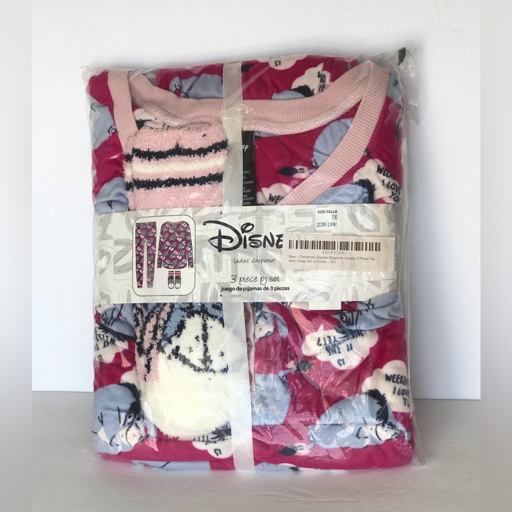 Disney Eeyore Warm Cozy 3 Piece Pajama Sleep Set Curvy Plus size 3X Magenta